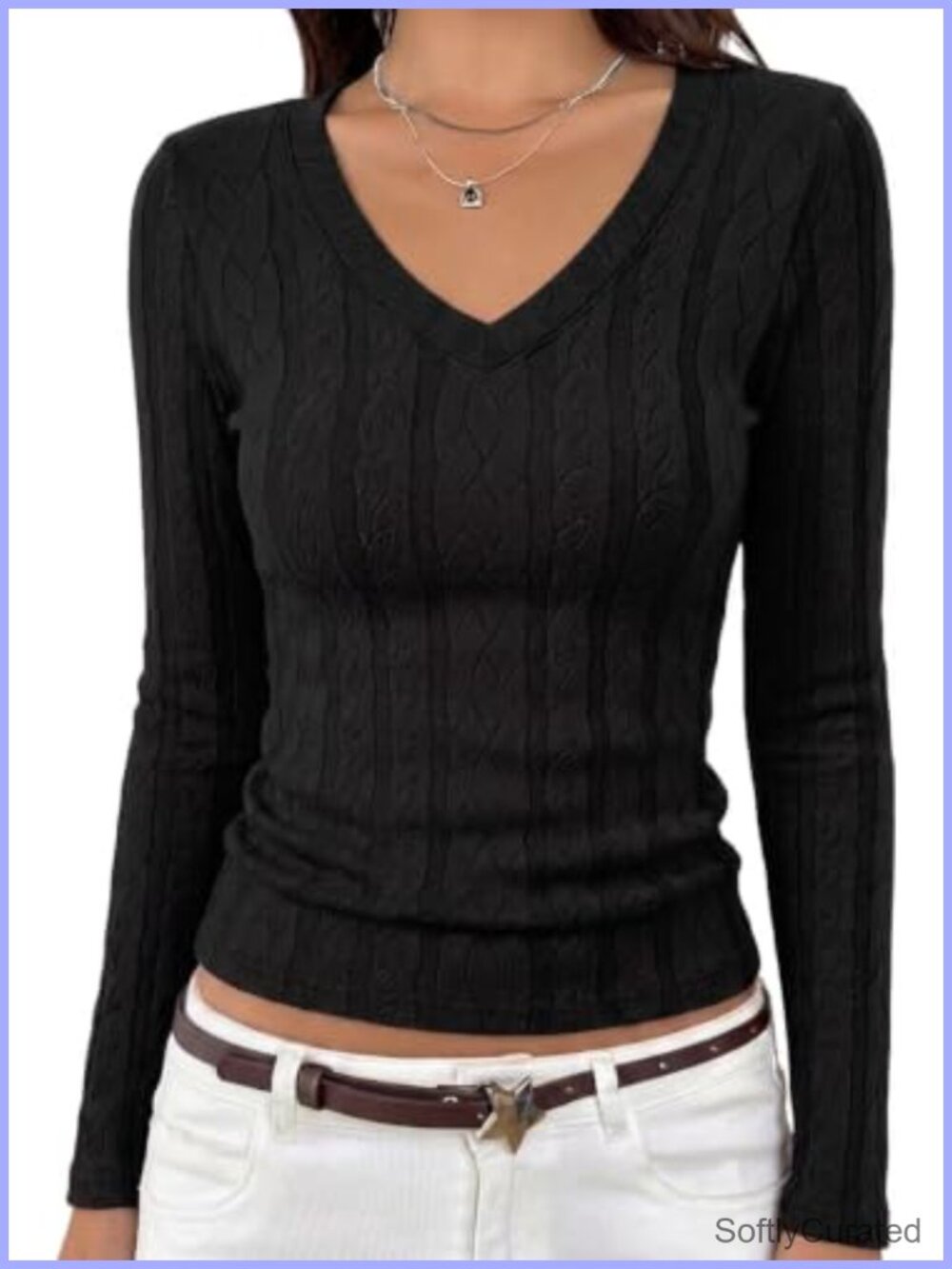 Womens Cable Knit Long Sleeve V Neck Top Business Casual Pullover Blouse